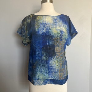 Lafayette‎ 148 Astract print Silk short sleeve Cocktail Blue Top Blouse T-shirt
